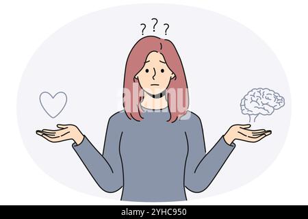 Verwirrte Frau wählt zwischen Herz und Gehirn. Frustriertes Mädchen entscheidet zwischen Emotionen und Vernunft. Vektordarstellung. Stock Vektor