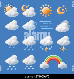 Comic 3D-Wetterelemente. Isolierte Prognosesymbole mit Regen, Gewitter, Sonne und Wolken, Regenbogen und Mond, niedlichem Renderstil isoliert e Stock Vektor
