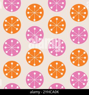 Mid Century Atomsterne auf rosa und orangen Kreisen nahtloses Muster auf weißem Hintergrund. Für Tapeten, Textilien und Wohnkultur Stock Vektor