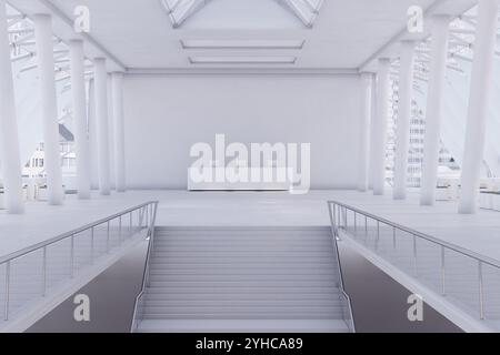 Ein eleganter Büroraum mit minimalistischem Design, langem Tisch und großer Treppe. 3D-Rendering Stockfoto