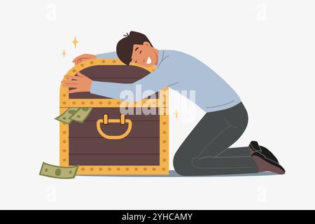 Man Investor umarmt die Geldbörse und freut sich über die Anhäufung von großem Kapital durch Handel Stock Vektor