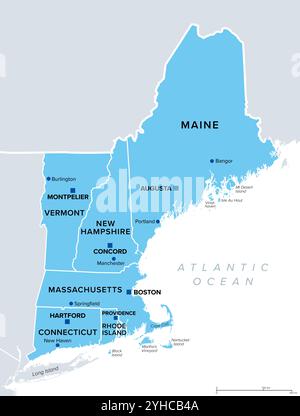 New England Region der Vereinigten Staaten, politische Karte mit Grenzen, Hauptstädten und wichtigsten Städten. Stockfoto