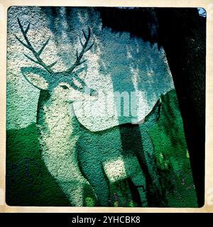 A painting of a deer decorates a mural in Parque del Venado, or Deer Park, in Letran Valle neighborhood, Mexico City, Mexico. Stock Photo