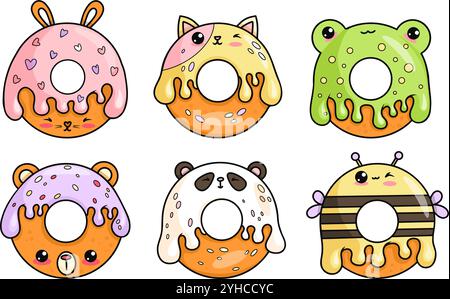 Niedliche Donuts Cartoon Kawaii Charakterkollektion. Lustiger Frosch, Kaninchen, Katze, Bär, Biene und Panda mit Tropfengläser. Isolierte süße Speisen. Vektorillustraten Stock Vektor