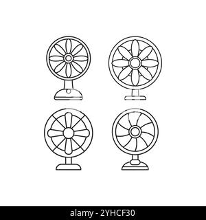 Tischventilator-Kontursymbole gesetzt, Tischventilator-Logo Hintergrund. Schwarze Vektorsymbole für den Tischlüfter für Webdesign isoliert auf weißem Hintergrund. Stock Vektor