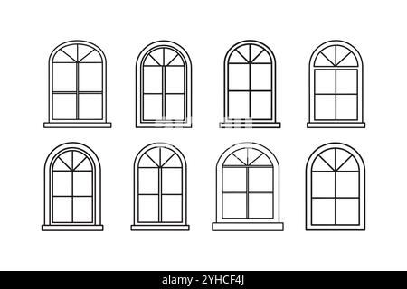 Halbkreisförmige Fenstersymbole, Glasfenstersymbol, Türsymbole, Liniensymbol, schwarzer Bogenfenstervektor. Stock Vektor