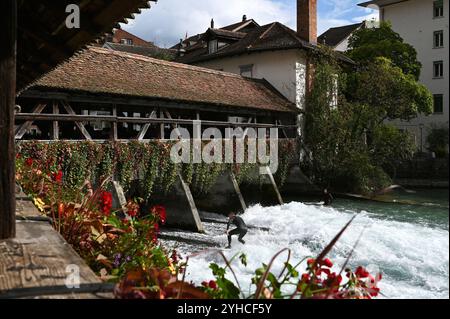 Surfer an der historischen Mühleschleuse, Thun, Schweiz *** Surfer an der historischen Mühlenschleuse, Thun, Schweiz Stockfoto