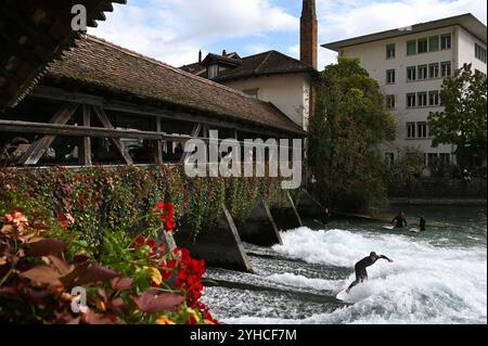 Surfer an der historischen Mühleschleuse, Thun, Schweiz *** Surfer an der historischen Mühlenschleuse, Thun, Schweiz Stockfoto