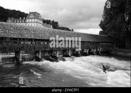 Surfer an der historischen Oberen Schleuse, Thun, Schweiz *** Surfer im historischen Oberen Schleuse, Thun, Schweiz Stockfoto