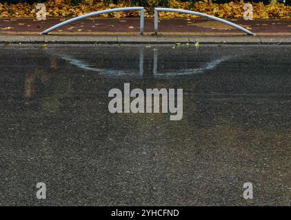 Rainy Symphony: Metal Fence Reflections and Fallen Laub auf einem nassen Bürgersteig Stockfoto