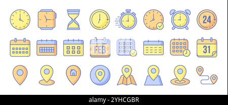 Symbole für Uhren, Kalender und Kartenstandorte auf weißem Hintergrund. Zeit-, Datums- und Adresssymbole. Vektorabbildung Stock Vektor