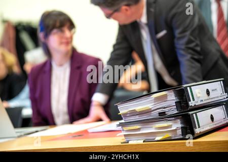 Bremen, Deutschland. November 2024. Die Prozessgegner reden vor Beginn der Verhandlung im Gerichtssaal. Mehrere Kammern klagen gegen den Bildungsfonds in Bremen vor dem Landesgericht. Das Gericht soll prüfen, ob das im März verabschiedete Gesetz mit der Staatsverfassung vereinbar ist. Quelle: Sina Schuldt/dpa/Alamy Live News Stockfoto