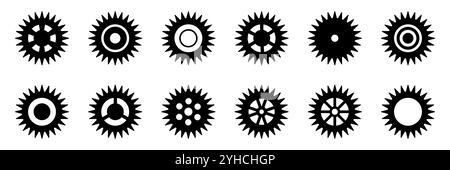 Zahnradsymbole. Symbol „Gänge einstellen“. Sammlung mechanischer Zahnräder. Einfache Sammlung von Zahnrädern. Silhouette der Zahnradsymbole. Vektorabbildung mit Stock Vektor