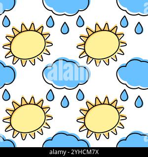 Outline Sonne mit Strahlen und Wolke mit Tropfen gefüllt nicht entlang Kontur nahtloses Muster saisonale Fond. Isolierte Vektor-Illustration Wrapping, Hintergrundbild oder Web-Promo, thematische Karten, Banner, Faltblatt, Tags Stock Vektor