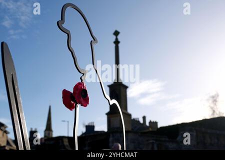 Selkirk, Großbritannien. November 2024. Stille am Selkirk war Memorial am Montag, den 11. November 2024 um 11 Uhr, erinnern sich die Menschen an den Waffenstillstand. Der Tag des Waffenstillstands wird jedes Jahr am 11. November gefeiert, um das Ende des Ersten Weltkriegs zu feiern und diejenigen zu ehren, die in Konfliktzeiten ihr Leben verloren haben. (Quelle: Rob Gray/Alamy Live News Stockfoto