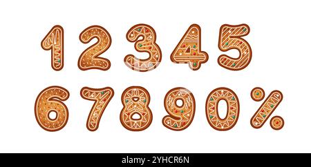 Lebkuchen-Cookies in Form von Ziffern und Prozentsatz flache Farbvektorobjekte gesetzt. Festliche Snacks köstliche Schriftbilder bündeln sich auf weißem Hintergrund Stock Vektor