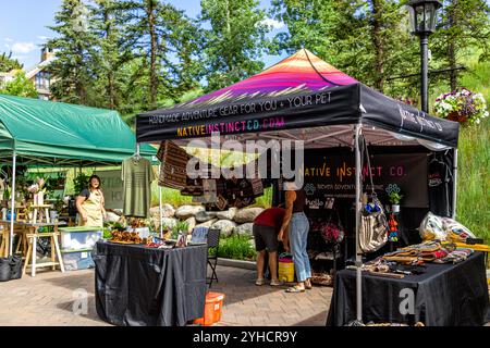 Vail, USA - 3. Juli 2022: Bauernmarkt in Colorado mit Lebensmittelverkäufern, Verkaufsstand für Haustierausrüstung Stockfoto