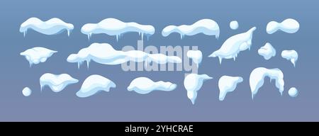 Schneekappen Schneebälle und Eiszapfen flache Farbvektorobjekte gesetzt. Weihnachtsdekorationen Illustrationen bündeln sich auf blauem Hintergrund Stock Vektor