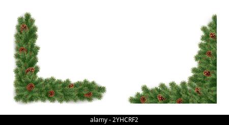 Fichtenpflanze Zweige Eckgirlanden realistische Vektor-Symbole Set. Handwerkliche Feiertagsdekorationen aus Waldmaterialien 3D-Objekte Illustrationen auf weiß Stock Vektor