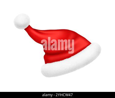 Lebendiger roter Weihnachtsmann-Hut mit erhöhtem Pompon realistische Vektor-Illustration. Fröhliches Neujahrsfest 3D-Modell auf weißem Hintergrund Stock Vektor