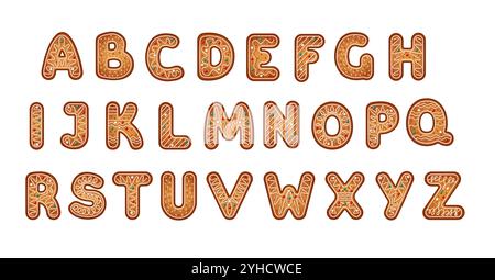 ABC festliche Lebkuchen Schriftart flache Farbe Vektor Objekte Set. Vollständiges lateinisches Alphabet mit kunstvollen Weihnachtsbuchstaben, die auf weiß gebündelt sind Stock Vektor
