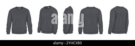 Freizeit Langarm Sweatshirts Mockup realistische Vektor Illustrationen Set. Moderne Kleidung für das 3D-Modell der Cool Days auf weißem Hintergrund Stock Vektor