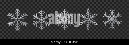 Symmetrische silberne Schneeflocken, realistische Farbsymbole. Schicke Weihnachtsfeier Dekoration 3D Objekte auf schwarzem Hintergrund Stock Vektor