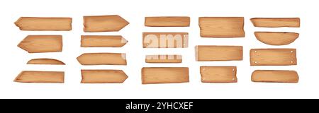 Holzzeichen in verschiedenen Formen realistische Farbsymbole. Vintage-Wegweiser, die auf Planken für Informationen zeigen, 3D-Objekte auf weißem Hintergrund Stock Vektor