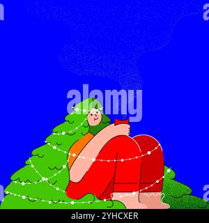 Gemütlicher Charakter in baumartiger Kleidung, warmes Getränk, winterlicher Komfort und festliche Entspannung. Kreative farbenfrohe Illustration. Stock Vektor