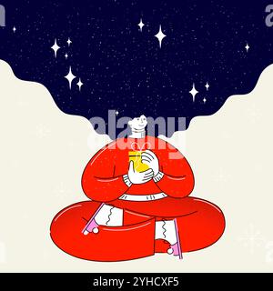 Charakter in rotem Pyjama, mit magischem Nachthimmel, Geschenk in der Hand. Ruhige Winternacht. Kreative farbenfrohe Illustration. Stock Vektor