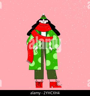 Charakter gebündelt in einem großen roten Schal und Winterkleidung, vor rosa Hintergrund mit Schneefall. Freude und Wärme des Urlaubs. Kreativ farbenfroh Stock Vektor