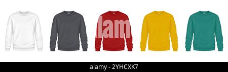 Bunte Sweatshirts für herbstliche Mockup-Vektor-Illustrationen Set. Weiche Kleidung aus warmem Fleece-Stoff-Vorlage 3D-Modell auf weißem Hintergrund Stock Vektor