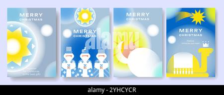 Eine Sammlung von Weihnachtsgrußkarten. Christliche Krippe mit traditionellen Symbolen der Heiligen Nacht. Luftige, winterliche Farben. Stock Vektor