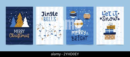 Weihnachtskarten-Set mit Deko und Kalligraphie. Minimalistische Vektor-Design-Vorlagen in Blau und Gold Stock Vektor