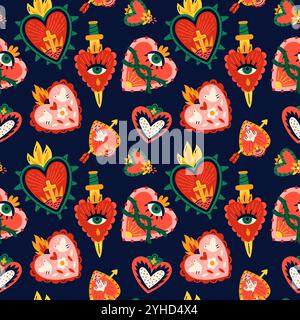 Heilige mexikanische Herzen nahtloses Muster. Traditionelle mystische Symbole. Wiederholter Druck. Dekorative Elemente des Dead Day. Brennende Liebe. Geistige Feuerflamme. Stock Vektor