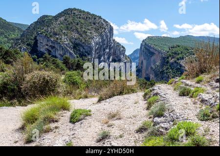 Der Blick auf die Schluchten des Verdon, eine der größten Schluchten Europas, vom Aussichtspunkt der Pointe de Sublime, Frankreich Stockfoto