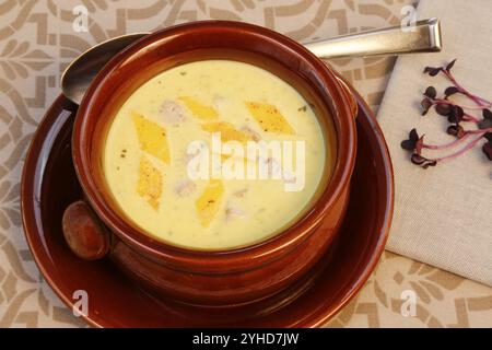 Schwäbische Küche, Hirnsuppe mit Eiergarnitur, Innereien, Kalbhirn, regional, Suppe in einer Schüssel serviert, Hausmannskost, typisch schwäbische, traditionelle Küche Stockfoto