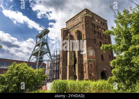 Verlassenes Backsteingebäude und markanter gewundener Turm unter bewölktem Himmel, umgeben von grüner Vegetation, gewundener Turm der Zeche Ewald in Herten Stockfoto