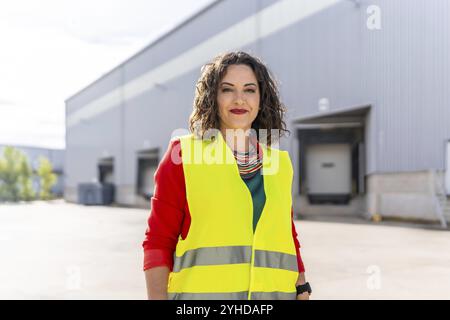 Porträt einer selbstbewussten Managerin, die mit Sicherheitskleidung vor einem Lagerhaus steht Stockfoto