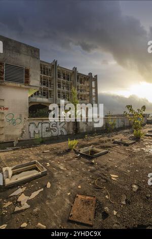 Ein verlassener Ort, ein Lost Place Hotel aus den 70ern Zerstört und verlassen. Am Abend vor Sonnenuntergang. Haludovo Palace Hotel, Krk, Cro Stockfoto