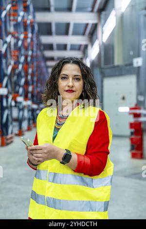 Vertikales Porträt einer Lagermanagerin in Sicherheitsreflektionskleidung mit Mobiltelefon Stockfoto
