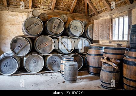 JAMESTOWN, Virginia – Ein rekonstruiertes Lagergebäude im Fort von Jamestown Settlement beherbergt zeitgenaue Fässer und landwirtschaftliche Geräte. Die Strebe Stockfoto