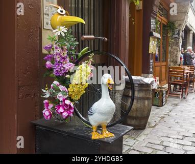 Rouen, Frankreich, 30. August 2018: Amüsante Komposition von Spielzeugvögeln, Fahrrädern und künstlichen Blumen im Touristenzentrum von Rouen. Normandie, Frankreich, Eur Stockfoto