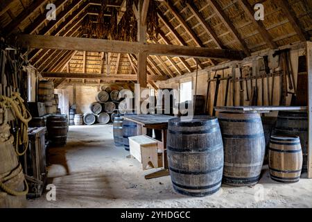 JAMESTOWN, Virginia – Ein rekonstruiertes Lagergebäude im Fort von Jamestown Settlement beherbergt zeitgenaue Fässer und landwirtschaftliche Geräte. Die Struktur zeigt, wie die frühen Kolonisten in der Siedlung von 1607 Vorräte und landwirtschaftliche Geräte lagerten. Die Ausstellung zeigt authentische Reproduktionen von Aufbewahrungsbehältern und landwirtschaftlichen Geräten aus dem 17. Jahrhundert. Stockfoto