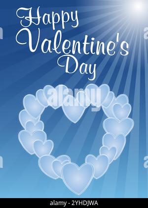 Blaues Poster mit Herzform und den Worten Happy Valentine's Day. Die Herzform besteht aus vielen kleineren Herzen, und die Sonne scheint hell Stock Vektor