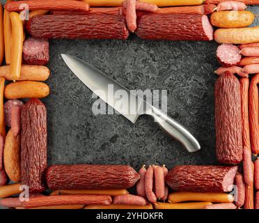 Messer und verschiedene trockengepökelte und geräucherte Würstchen auf einem Steintisch. Draufsicht, Kopierraum. Stockfoto