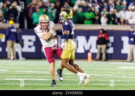9. November 2024: Florida State Quarterback Brock Glenn (11) spielt mit dem Ball als Notre Dame Defensive Back Christian Gray (29) während des NCAA-Fußballspiels zwischen den Florida State Seminoles und den Notre Dame Fighting Irish im Notre Dame Stadium in South Bend, Indiana. John Mersits/CSM. (Bild: © John Mersits/Cal Sport Media) Stockfoto