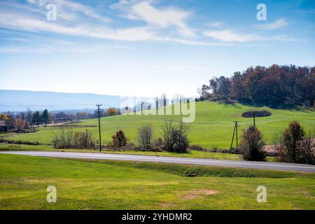 QUICKSBURG, Virginia – Eine ländliche Landschaft im Shenandoah Valley in der Nähe von Quicksburg zeigt das landwirtschaftliche Erbe der Region vor dem Hintergrund von Bergketten. Die Szene fängt das Wesen von Virginias Bauernland ein, mit bewirtschafteten Feldern, die von Landstraßen begrenzt werden und von den charakteristischen Bergsilhouetten, die das Tal kennzeichnen, eingerahmt werden. Stockfoto