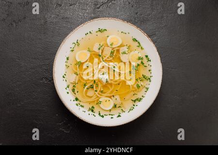 Klare Nudelsuppe mit gekochten Eierscheiben, Kräutern und Hähnchenwürfeln, beruhigende und leichte Mahlzeit Stockfoto