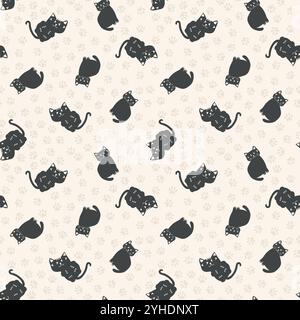 Katze und Pfote neutraler nahtloser Vektormuster Hintergrund. Hintergrund mit Silhouetten sitzender und liegender Katzen in einem verstreuten Layout. Tierwiederholung Stock Vektor